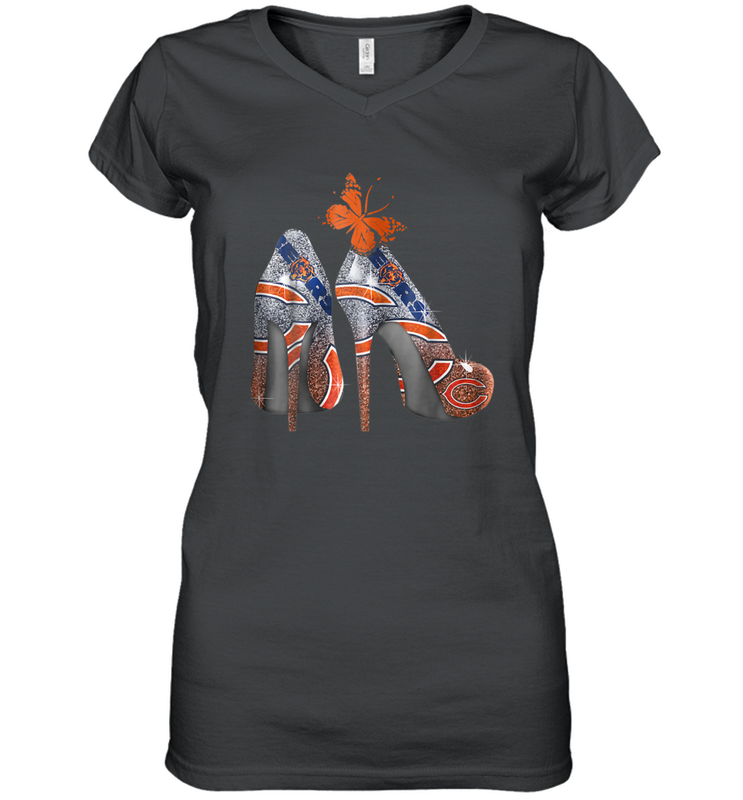 NFL Chicago Bears High Heel Butterfly Rhinestone Tide Women's Vneck - NFLFanGift