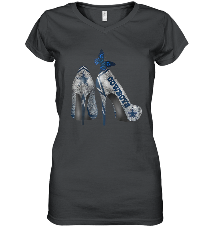 NFL Dallas Cowboys High Heel Butterfly Rhinestone Tide Women's Vneck - NFLFanGift