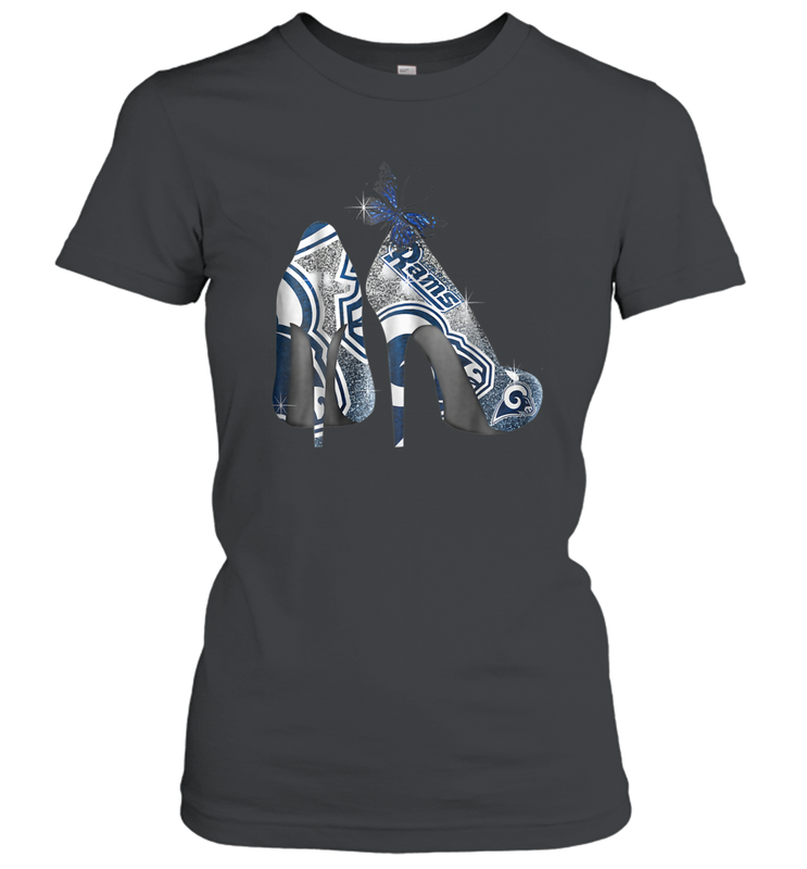 NFL Los Angeles Rams High Heel Butterfly Rhinestone Tide Women's T-Shirt - NFLFanGift