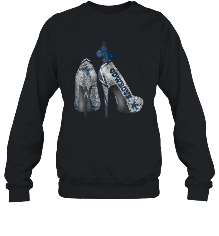 NFL Dallas Cowboys High Heel Butterfly Rhinestone Tide Crewneck Sweatshirt - NFLFanGift