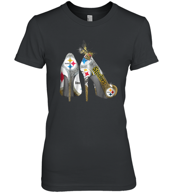 Pittsburgh Steeler High Heel Butterfly Rhinestone Tide Women's The Boyfriend Tee - NFLFanGift