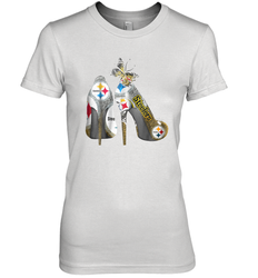 Pittsburgh Steeler High Heel Butterfly Rhinestone Tide Women's The Boyfriend Tee - NFLFanGift