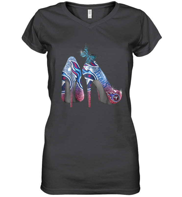 NFL TEnnessee Titans High Heel Butterfly Rhinestone Tide Women's Vneck - NFLFanGift