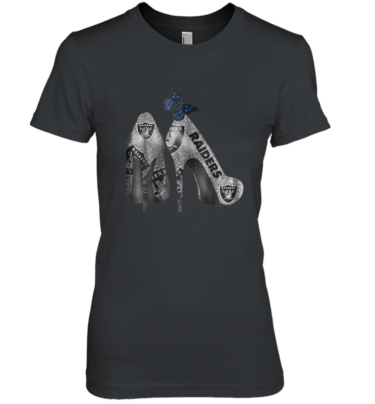 NFL Oakland Raiders High Heel Butterfly Rhinestone Tide Women's The Boyfriend Tee - NFLFanGift