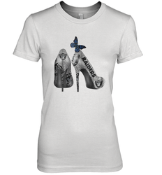 NFL Oakland Raiders High Heel Butterfly Rhinestone Tide Women's The Boyfriend Tee - NFLFanGift