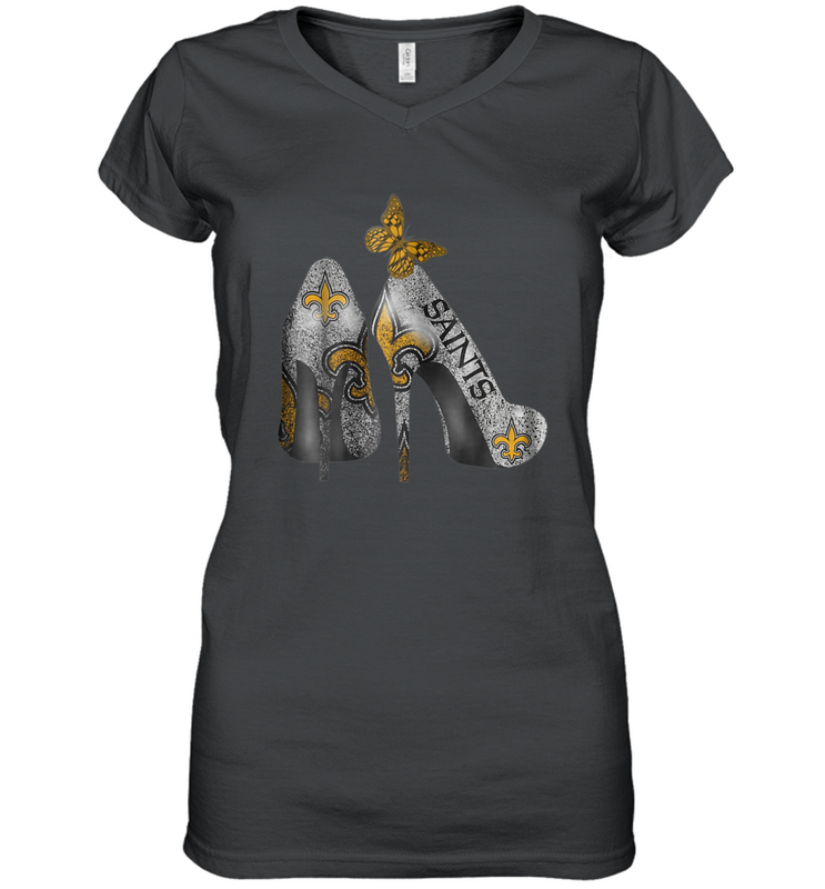 NFL New Orleans Saints High Heel Butterfly Rhinestone Tide Women's Vneck - NFLFanGift