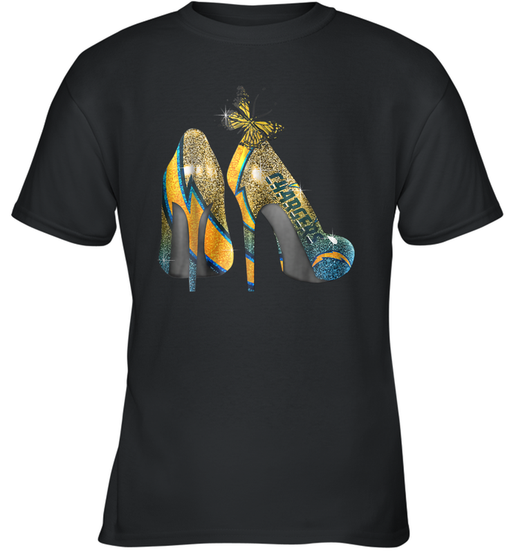 NFL Los Angeles Chargers High Heel Butterfly Rhinestone Youth T-Shirt - NFLFanGift