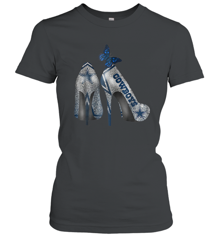 NFL Dallas Cowboys High Heel Butterfly Rhinestone Tide Women's T-Shirt - NFLFanGift