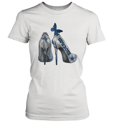 NFL Dallas Cowboys High Heel Butterfly Rhinestone Tide Women's T-Shirt - NFLFanGift