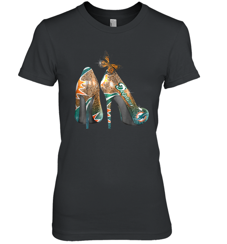 NFL Miami Dolphins High Heel Butterfly Rhinestone Tide Women's The Boyfriend Tee - NFLFanGift