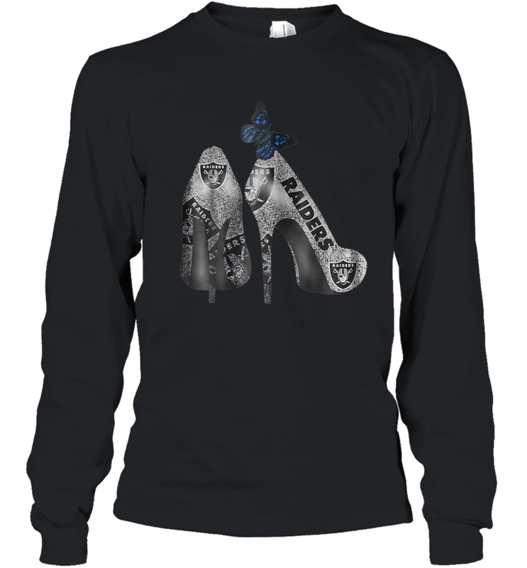 NFL Oakland Raiders High Heel Butterfly Rhinestone Tide Youth Long Sleeve T-Shirt - NFLFanGift