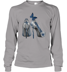 NFL Dallas Cowboys High Heel Butterfly Rhinestone Tide Long Sleeve T-Shirt - NFLFanGift