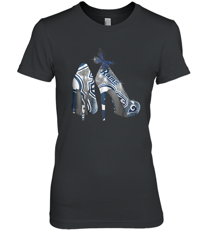 NFL Los Angeles Rams High Heel Butterfly Rhinestone Tide Women's The Boyfriend Tee - NFLFanGift