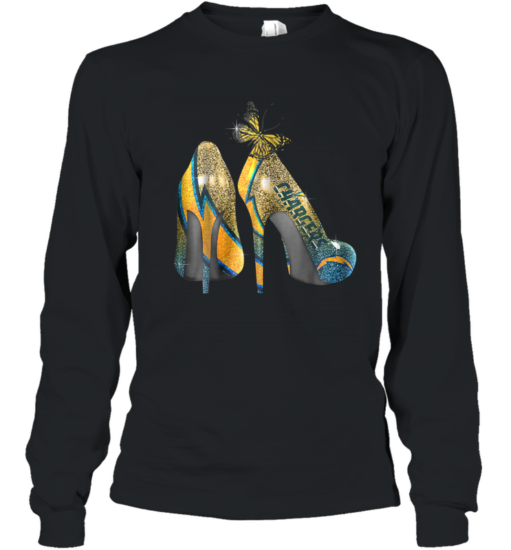 NFL Los Angeles Chargers High Heel Butterfly Rhinestone Youth Long Sleeve T-Shirt - NFLFanGift