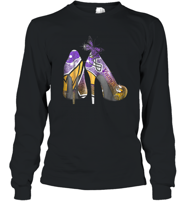 NFL Minnesota Vikings High Heel Butterfly Rhinestone Tide Long Sleeve T-Shirt - NFLFanGift