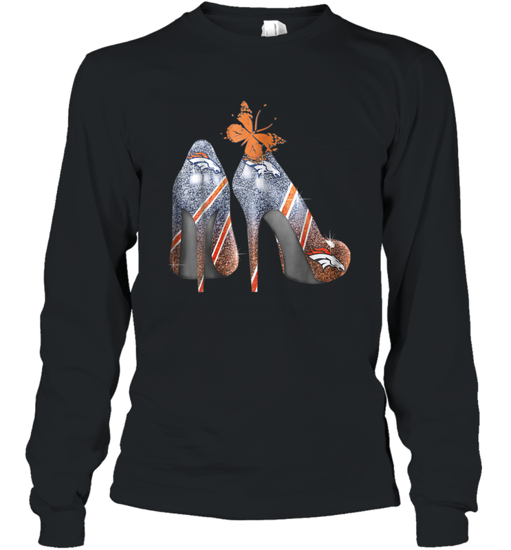 NFL Denver Broncos High Heel Butterfly Rhinestone Tide Long Sleeve T-Shirt - NFLFanGift
