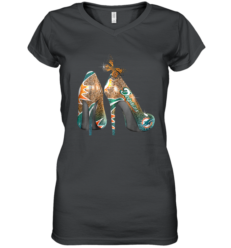 NFL Miami Dolphins High Heel Butterfly Rhinestone Tide Women's Vneck - NFLFanGift