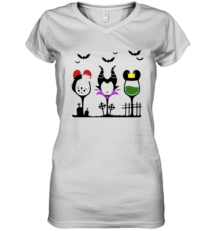 Disney Villains Cruella de Vil Maleficent Evil Queen wine Halloween Shirt Women's Vneck - NFLFanGift