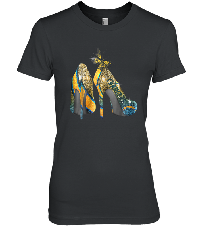 NFL Los Angeles Chargers High Heel Butterfly Rhinestone Women's The Boyfriend Tee - NFLFanGift